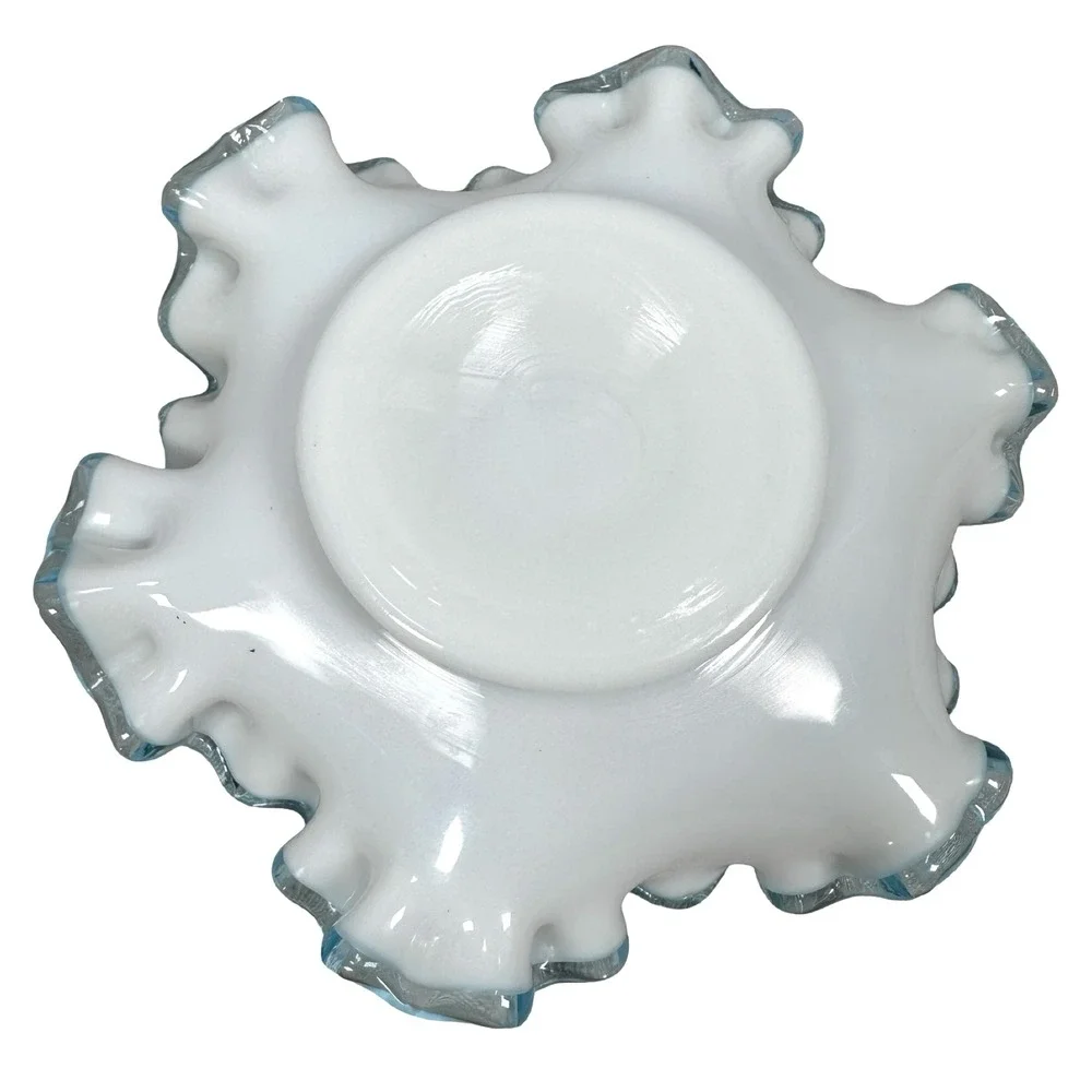 Fenton Aqua Crest Milk Glass Ruffled Trinket Dish Hand Painted Pink Roses White